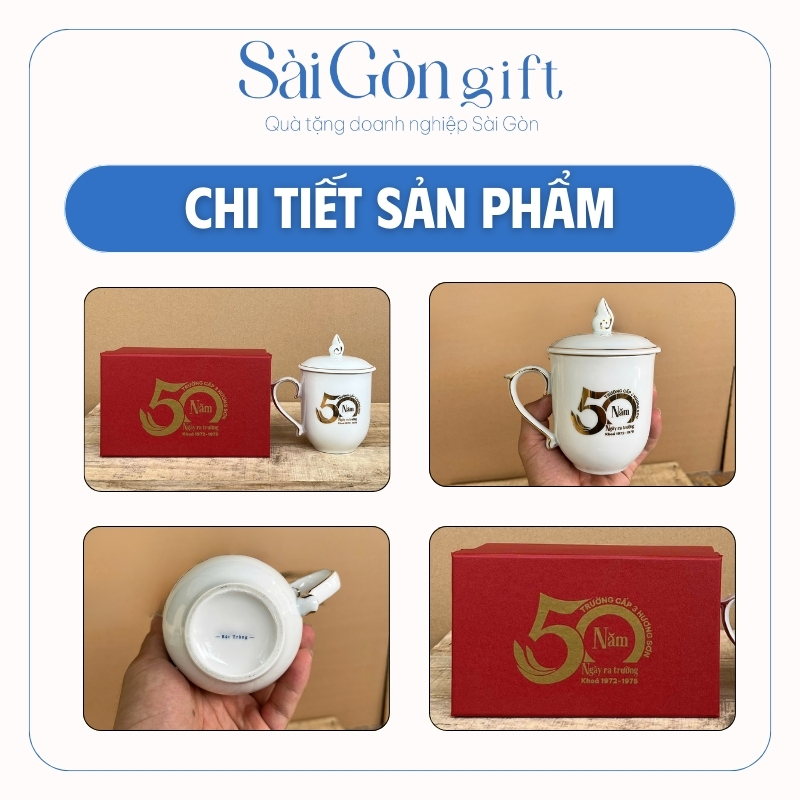 CHI TIẾT Cốc sứ nắp ngọn lửa kẻ chỉ vàng in logo quà tặng kỷ niệm SG-CS22