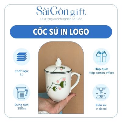 đặc điểm Bộ 2 Ly Sứ Nắp Ngọn Lửa Vẽ Hoa Sen Kẻ Miệng In Logo Quà Tặng Đối Tác SG-CS21