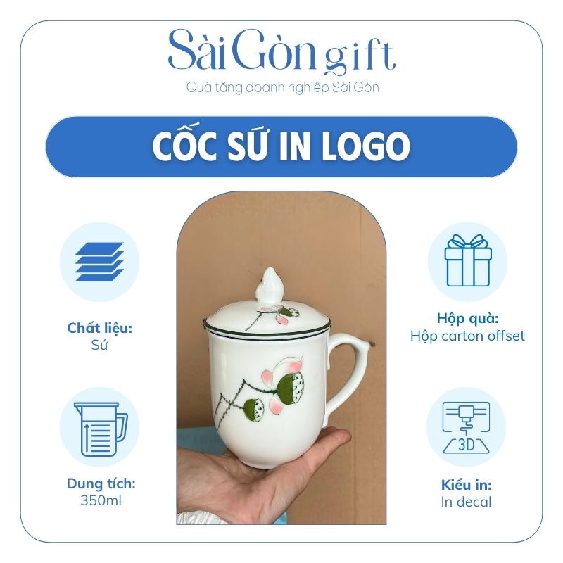đặc điểm Bộ 2 Ly Sứ Nắp Ngọn Lửa Vẽ Hoa Sen Kẻ Miệng In Logo Quà Tặng Đối Tác SG-CS21