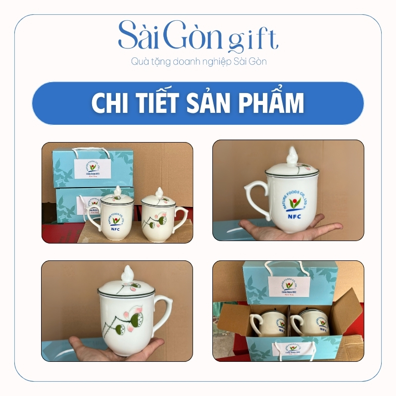 chi tiết Bộ 2 Ly Sứ Nắp Ngọn Lửa Vẽ Hoa Sen Kẻ Miệng In Logo Quà Tặng Đối Tác SG-CS21
