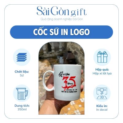đặc điểm Bộ Ly Sứ Trắng Dáng Trụ Quai C In Logo Quà Tặng Kỷ Niệm Ra Trường SG-CS19