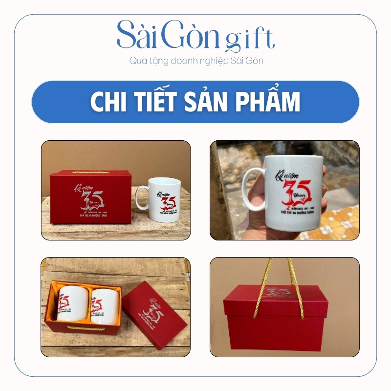 chi tiết Bộ Ly Sứ Trắng Dáng Trụ Quai C In Logo Quà Tặng Kỷ Niệm Ra Trường SG-CS19
