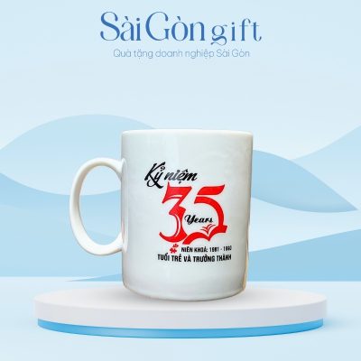 Bộ Ly Sứ Trắng Dáng Trụ Quai C In Logo Quà Tặng Kỷ Niệm Ra Trường SG-CS19