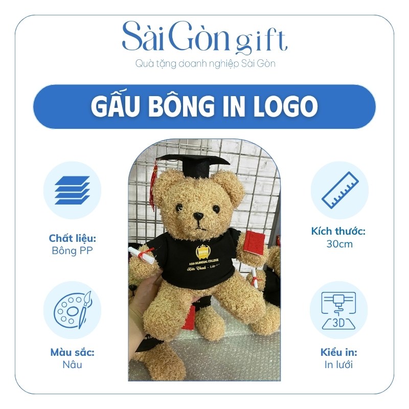 đặc điểm Gấu Bông Tốt Nghiệp Lông Xù In Logo Quà Tặng Kỷ Niệm Ra Trường SG-GB06