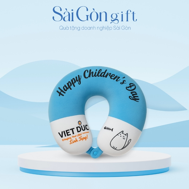 Gối Chữ U Có Nút Bấm Cố Định Màu Xanh Phối Trắng In Logo Quà Tặng Giáo Dục SG-G04