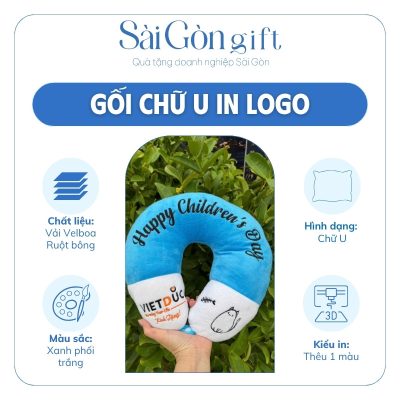 Gối chữ U có nút bấm cố định màu xanh phối trắng in logo quà tặng giáo dục SG-G04