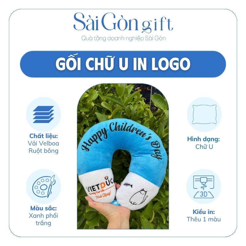 Gối chữ U có nút bấm cố định màu xanh phối trắng in logo quà tặng giáo dục SG-G04