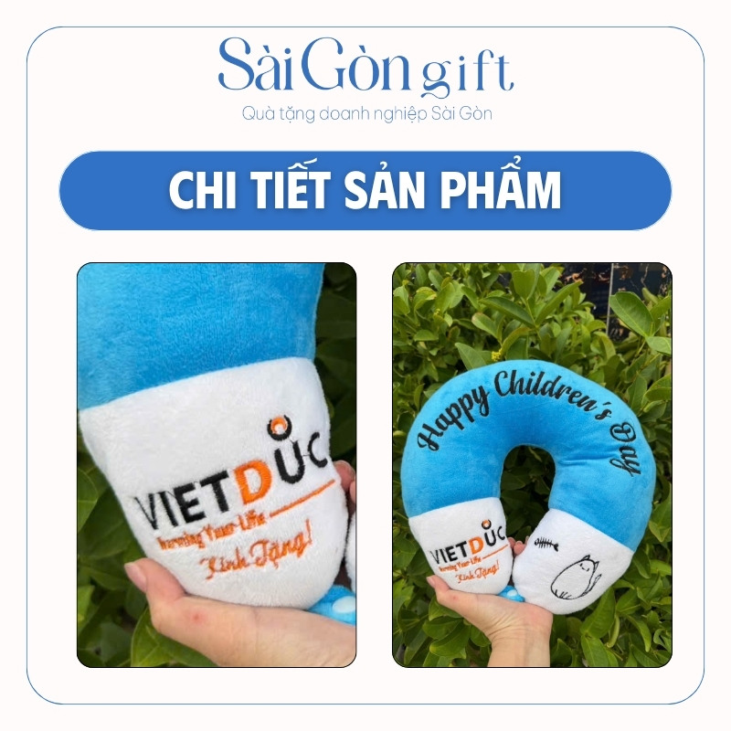Gối chữ U có nút bấm cố định màu xanh phối trắng in logo quà tặng giáo dục SG-G04