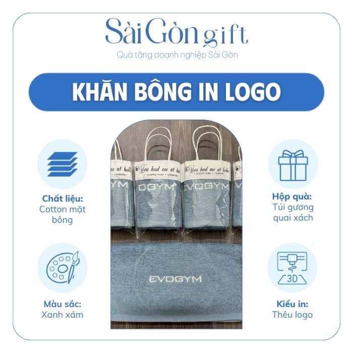 Khăn Tắm Cotton Bông Màu Xanh Xám Thêu Logo Quà Tặng Khách Hàng SG-KB07