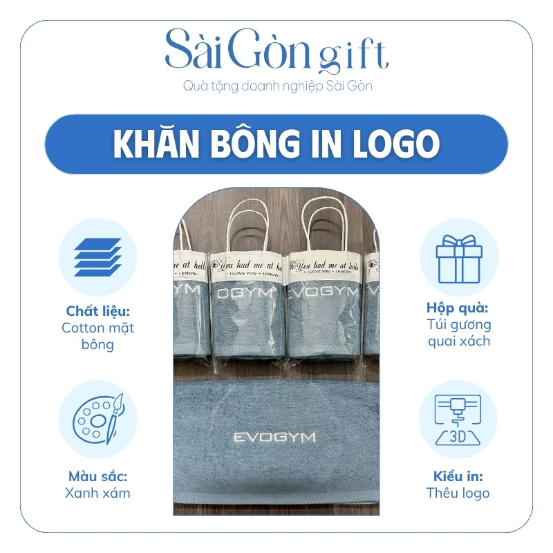 Khăn Tắm Cotton Bông Màu Xanh Xám Thêu Logo Quà Tặng Khách Hàng SG-KB07