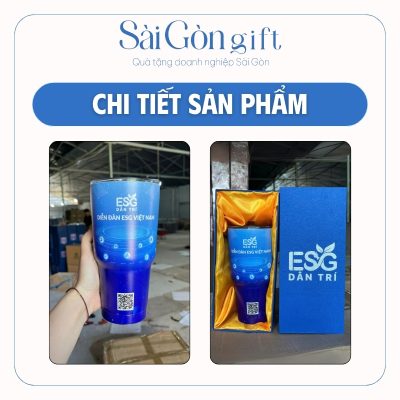 Chi tiết logo trên cốc giữ nhiệt kèm hộp quà lót lụa
