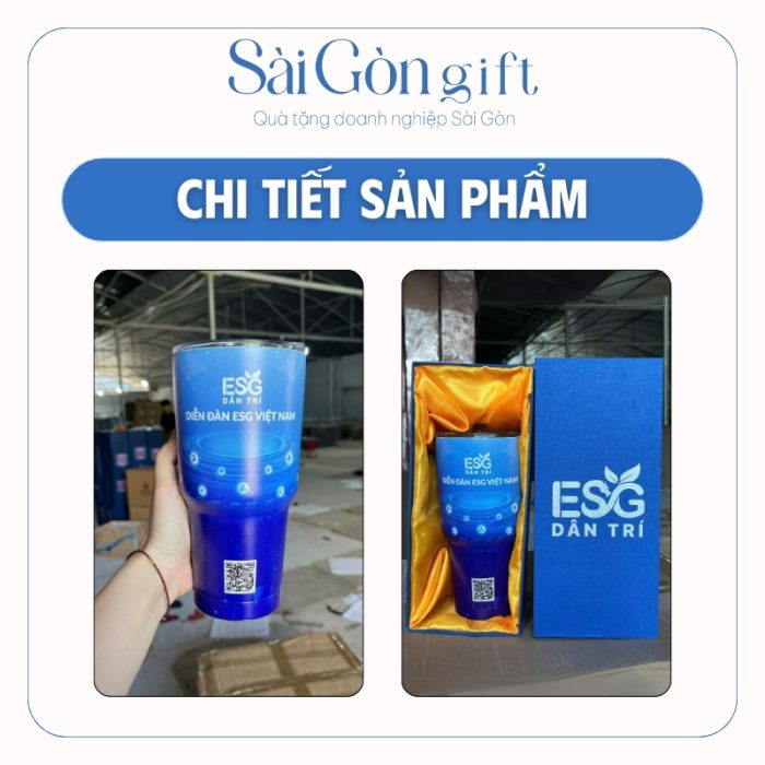 Chi tiết logo trên cốc giữ nhiệt kèm hộp quà lót lụa