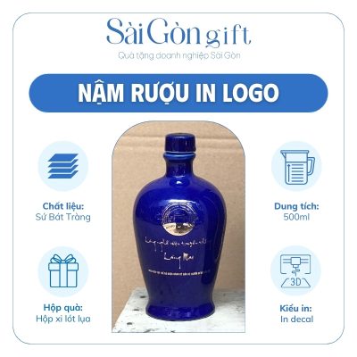 Thông tin nậm rượu Bát Tràng màu xanh dương in logo sang trọng