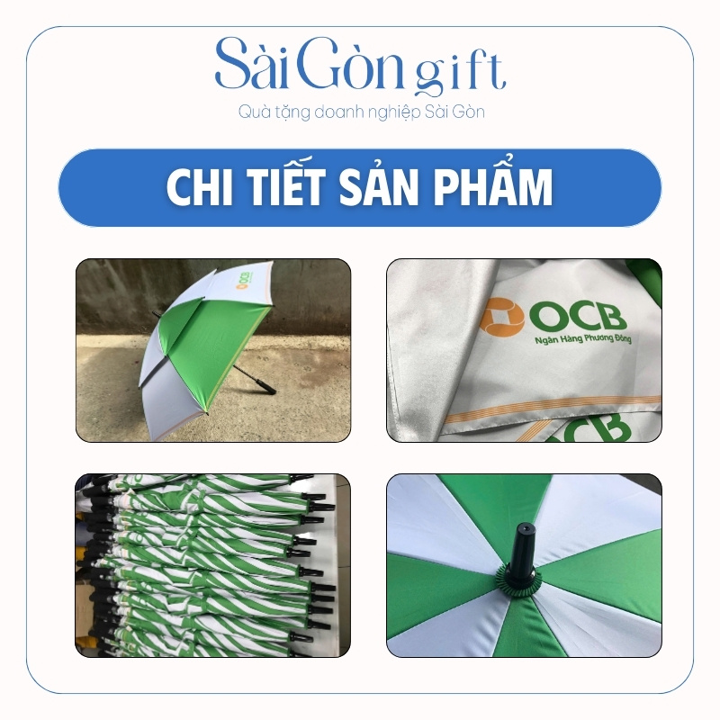 chi tiết Dù Cán Thẳng 2 Tầng Màu Xanh Lá Phối Trắng In Logo Quà Tặng Ngân Hàng SG-OD14