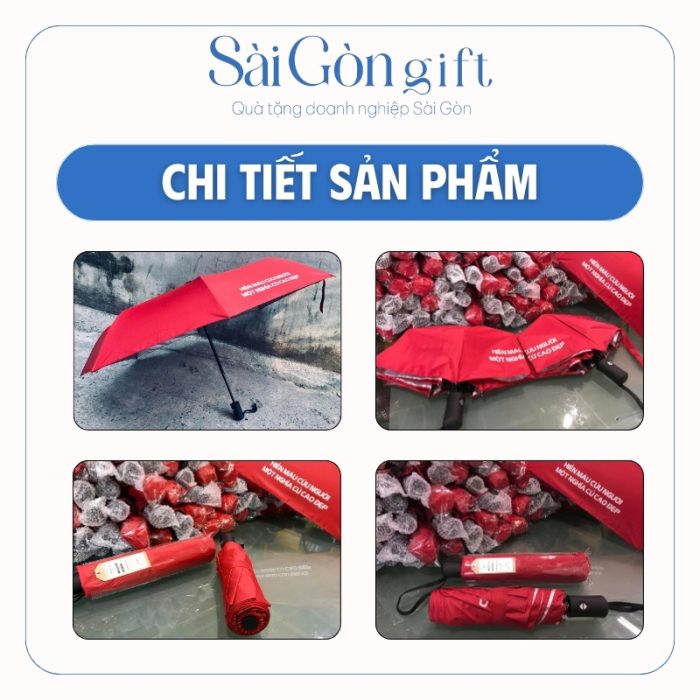 chi tiết Dù Gấp 3 Tự Động 2 Chiều Màu Đỏ In Logo Quà Tặng Kỷ Niệm SG-OD15
