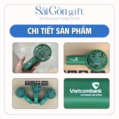 Chi tiết quạt điện cầm tay và logo in lưới trên bề mặt sản phẩm