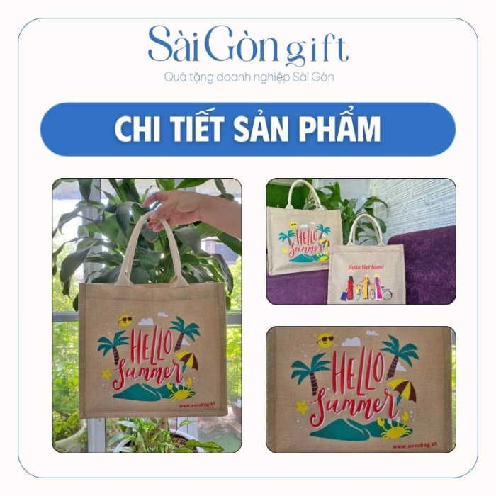 Hình ảnh rõ nét túi vải cói và họa tiết in trên nền vải