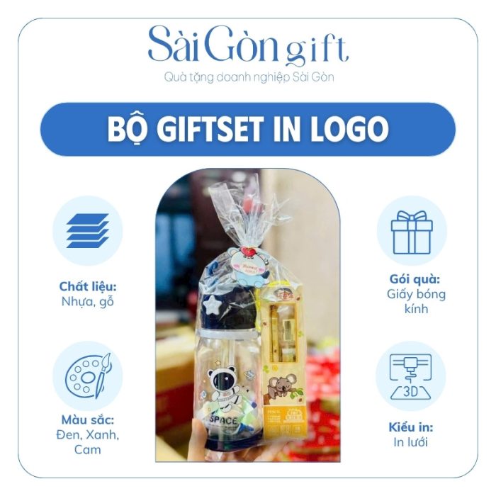 Túi quà bình nước nhựa kèm hộp dụng cụ học tập in logo quà tặng giáo dục SG-GS16