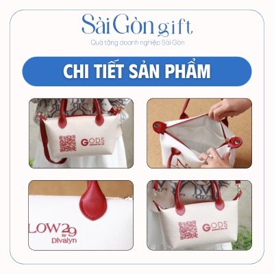 Ả nh chụp chi tiết túi xách vải nỉ in logo