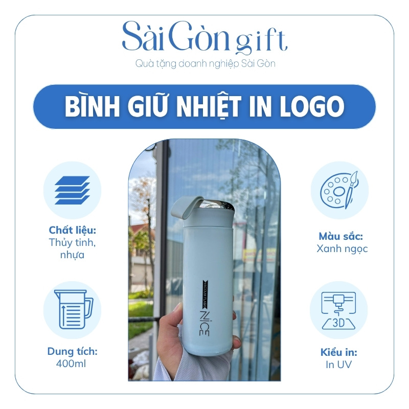 Bình Nước Thủy Tinh Bọc Nhựa Màu Xanh Ngọc In Logo Quà Tặng Ngành Du Lịch SG-BGN23
