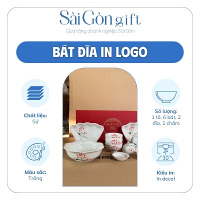 Bộ Bát Đĩa 11 Món Men Kem Miệng Hoa Vẽ Sen Hồng In Logo Quà Tặng Nhân Viên SG-BD13