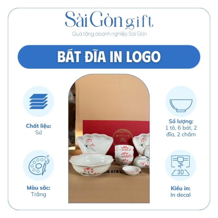 Bộ Bát Đĩa 11 Món Men Kem Miệng Hoa Vẽ Sen Hồng In Logo Quà Tặng Nhân Viên SG-BD13