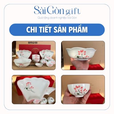 Bộ Bát Đĩa 11 Món Men Kem Miệng Hoa Vẽ Sen Hồng In Logo Quà Tặng Nhân Viên SG-BD13