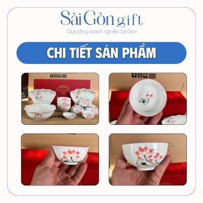 Bộ Bát Đĩa 11 Món Men Kem Miệng Hoa Vẽ Sen Hồng In Logo Quà Tặng Nhân Viên SG-BD13