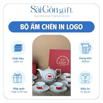 Bộ Ấm Trà Dáng Mẫu Đơn Vẽ Sen Xanh In Logo Quà Tặng Đại Hội Đảng SG-AC13