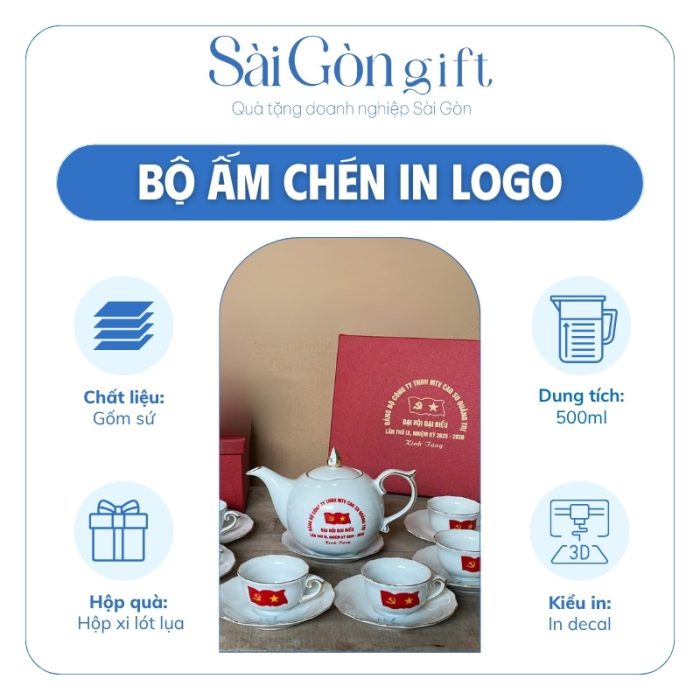 Bộ Ấm Trà Dáng Mẫu Đơn Vẽ Sen Xanh In Logo Quà Tặng Đại Hội Đảng SG-AC13