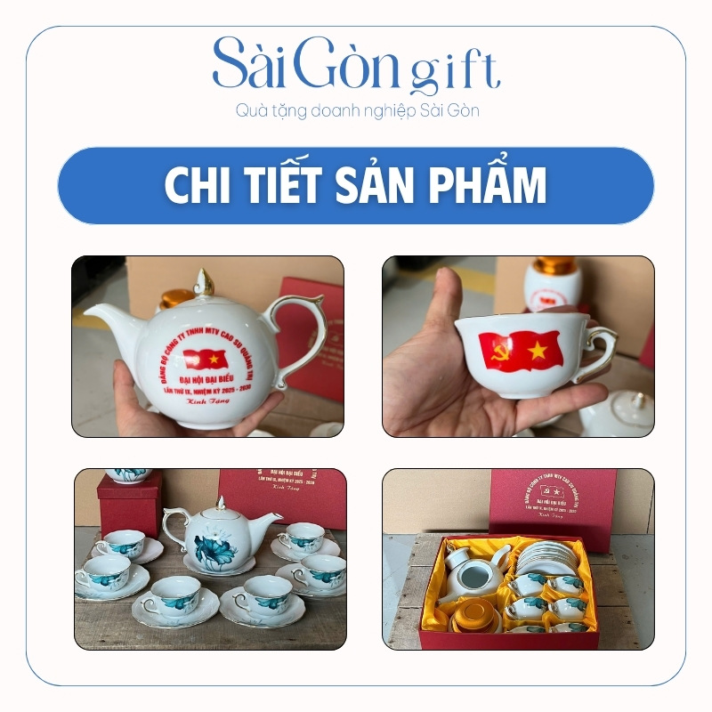Bộ Ấm Trà Dáng Mẫu Đơn Vẽ Sen Xanh In Logo Quà Tặng Đại Hội Đảng SG-AC13