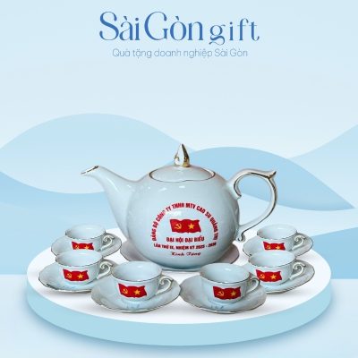 Bộ Ấm Trà Dáng Mẫu Đơn Vẽ Sen Xanh In Logo Quà Tặng Đại Hội Đảng SG-AC13