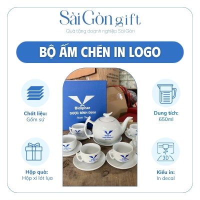 Bộ Ấm Chén Men Trắng Dáng Cành Bưởi In Logo Quà Tặng Khách Hàng SG-AC19