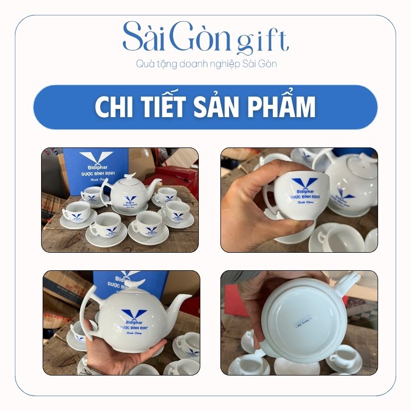 Bộ Ấm Chén Men Trắng Dáng Cành Bưởi In Logo Quà Tặng Khách Hàng SG-AC19