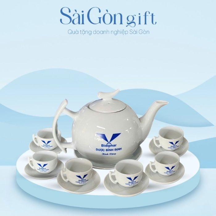 Bộ Ấm Chén Men Trắng Dáng Cành Bưởi In Logo Quà Tặng Khách Hàng SG-AC19