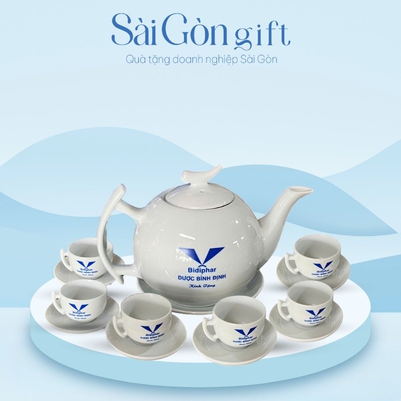 Bộ Ấm Chén Men Trắng Dáng Cành Bưởi In Logo Quà Tặng Khách Hàng SG-AC19