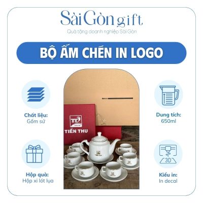 Bộ Ấm Chén Dáng Vuông Cao Kẻ Chỉ Vàng In Logo Quà Tặng Khách Hàng SG-AC16