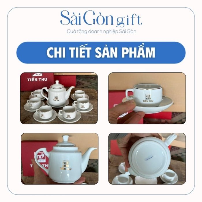 Bộ Ấm Chén Dáng Vuông Cao Kẻ Chỉ Vàng In Logo Quà Tặng Khách Hàng SG-AC16