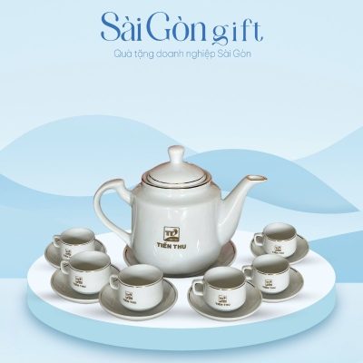 Bộ Ấm Chén Dáng Vuông Cao Kẻ Chỉ Vàng In Logo Quà Tặng Khách Hàng SG-AC16