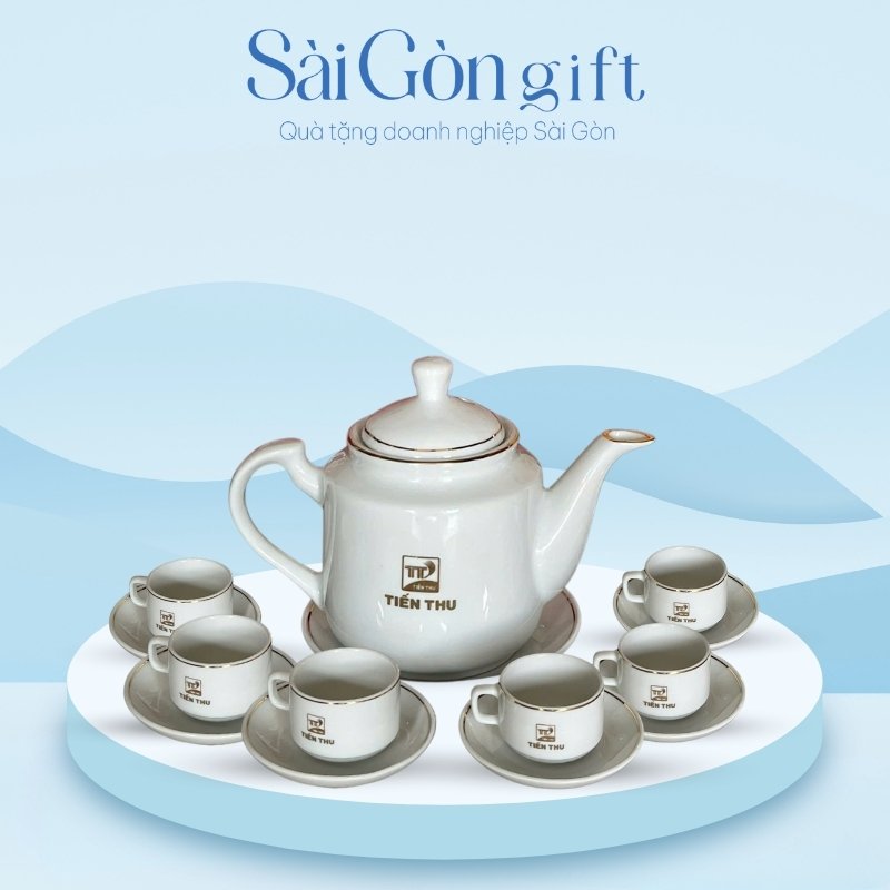 Bộ Ấm Chén Dáng Vuông Cao Kẻ Chỉ Vàng In Logo Quà Tặng Khách Hàng SG-AC16