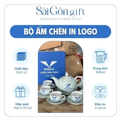 Bộ Ấm Chén Dáng Bưởi Lửa Vẽ Tay Hoa Văn In Logo Quà Tặng Y Tế SG-AC20