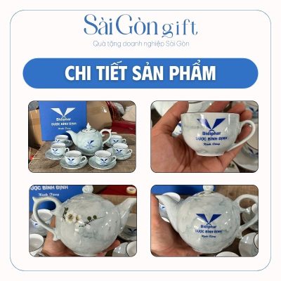 Bộ Ấm Chén Dáng Bưởi Lửa Vẽ Tay Hoa Văn In Logo Quà Tặng Y Tế SG-AC20
