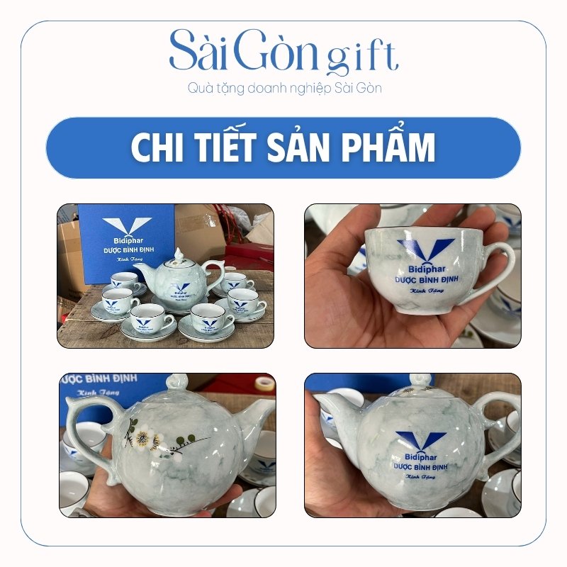 Bộ Ấm Chén Dáng Bưởi Lửa Vẽ Tay Hoa Văn In Logo Quà Tặng Y Tế SG-AC20