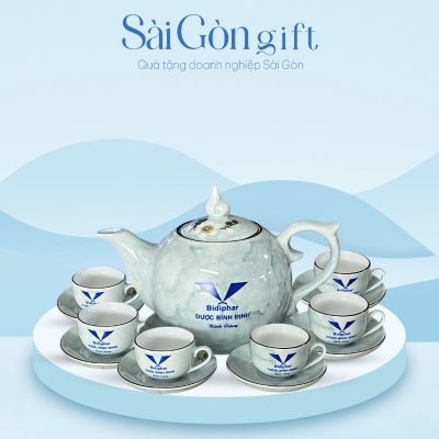 Bộ Ấm Chén Dáng Bưởi Lửa Vẽ Tay Hoa Văn In Logo Quà Tặng Y Tế SG-AC20