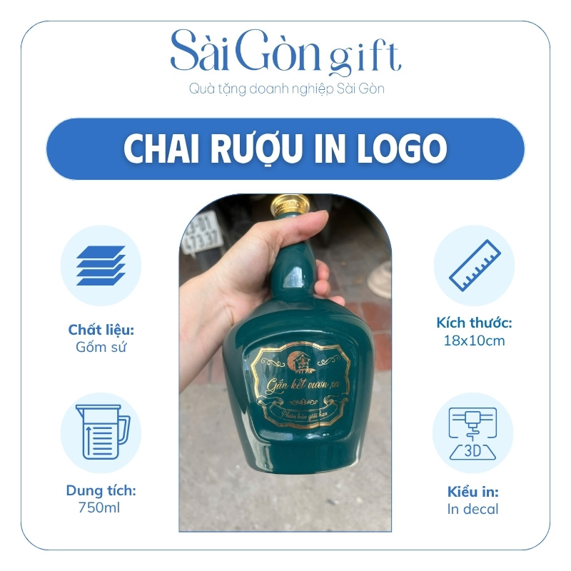 Chai Đựng Rượu Bát Tràng Men Xanh Rêu In Logo Quà Tặng Đối Tác SG-CR25
