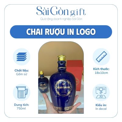 Chai Rượu Xanh Navy Vẽ Vàng Kim In Logo Quà Tặng Đối Tác SG-CR26