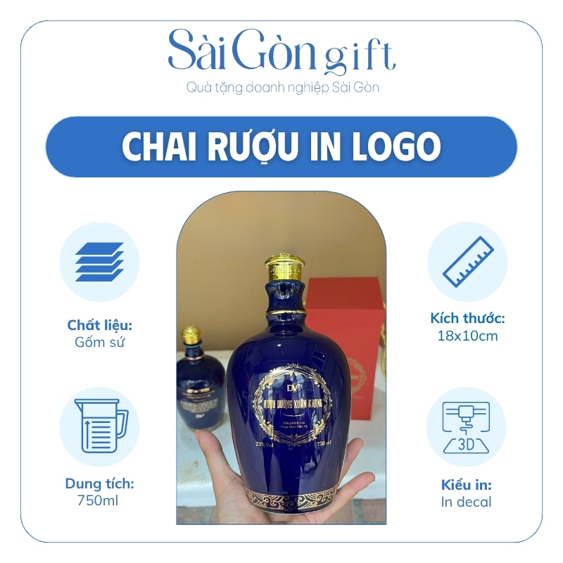 Chai Rượu Xanh Navy Vẽ Vàng Kim In Logo Quà Tặng Đối Tác SG-CR26