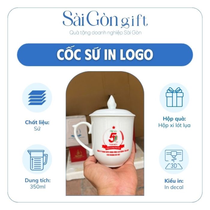 Ly Sứ Nắp Ngọn Lửa Men Trắng In Logo Quà Tặng Kỷ Niệm SG-CS30