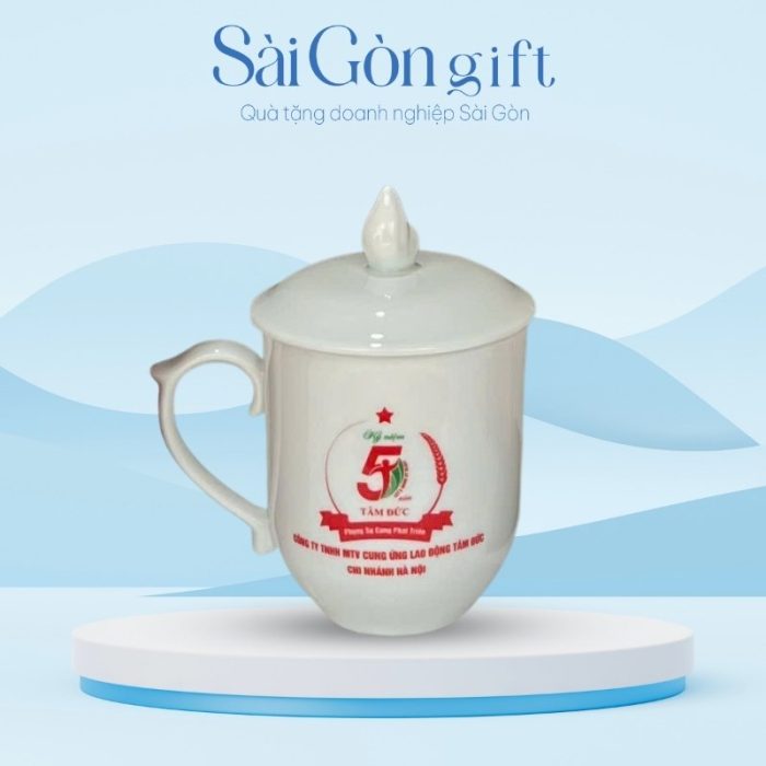 Ly Sứ Nắp Ngọn Lửa Men Trắng In Logo Quà Tặng Kỷ Niệm SG-CS30
