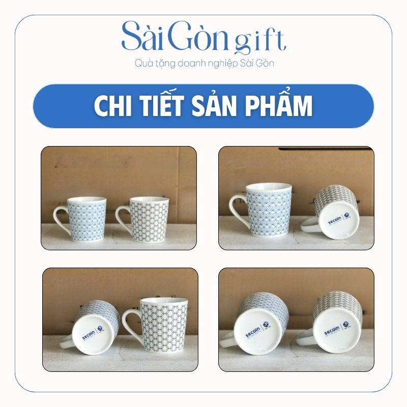 Combo Hai Cốc Sứ Vát Thấp Kẻ Họa Tiết In Logo Quà Tặng Khách Hàng SG-CS20
